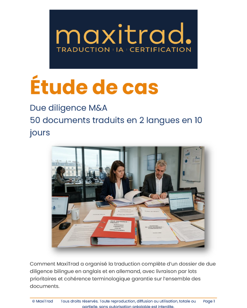 Due diligence M&A 50 documents traduits en 2 langues en 10 jours